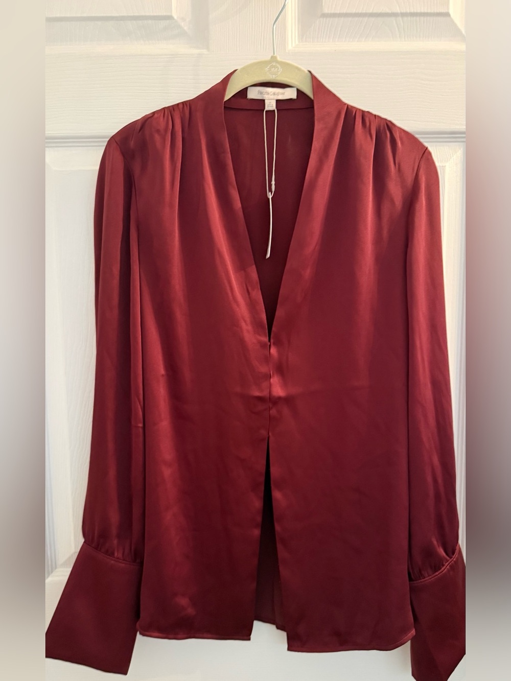 Favorite Daughter Satin Deep V-Neck Long Sleeve Blouse in Burgundy